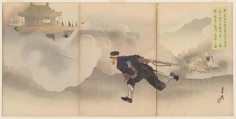 In the Second Army's Assault on Jinzhoucheng, Engineer Superior Private Onoguchi Tokuji, Defying Death, Places Explosives and Blasts the Gate of the Enemy Fort