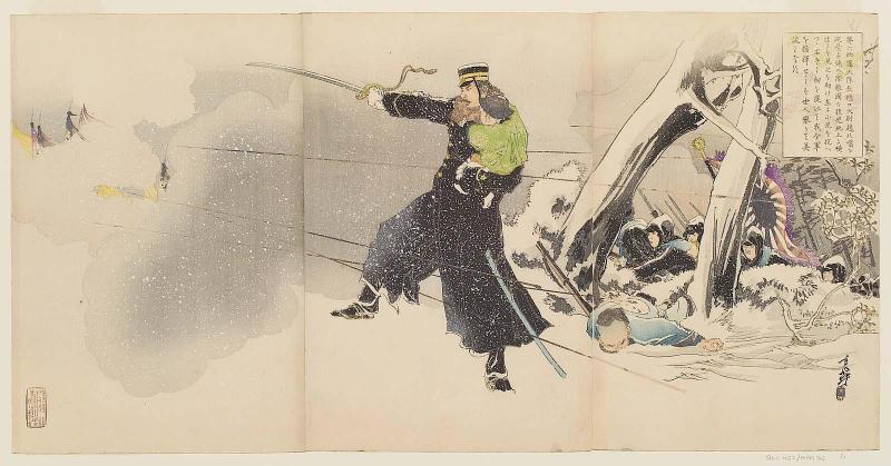 Captain Higuchi, Battalion Commander of the Sixth Division, While Occupying the Gun Emplacements at Zhaobeizui [in the Battle of Weihaiwei], Saw a Child of the Enemy Lying on the Ground and Came to Its Aid. Holding the Baby in His Left Arm and His Sword in His Right Hand, He Commanded Our Entire Army.  Everyone Considers It a Laudable Episode.