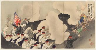 The Imperial Guard Defeats the Enemy in Hard Fighting at Jilong on the Island of Taiwan (Taiwantô Kirun Konoe shidan funsen tekigun o gekihasu)