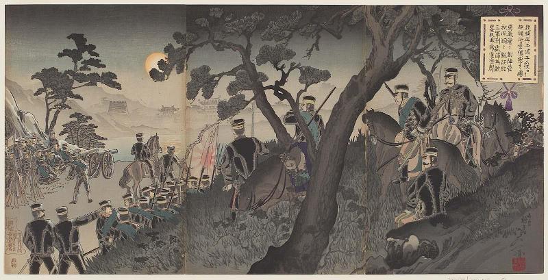 Our Cavalry Scouting the Battery at Port Arthur from Tucheng (Waga kihei Dojô shieki yori Ryojun hôdai teisatsu no zu)