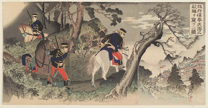 Picture of Our Cavalry Scouts Reconnoitering the Enemy Camp at Fengtienfu (Waga sekkô Hôtenfu no tekijin ukagau no zu)
