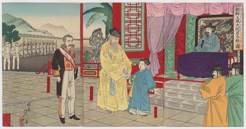 Illustration of the Meeting with Taewongun at the Korean Royal Palace (Chôsen ôjô Tai-in-kun sanden no zu)