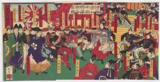 Visit to the Ise Shrines by a Gathering of Military Officers and Commanding Generals; Prince Arisugawa Receives an Imperial Appointment to Army General (Shôshô narabi ni shichi shôshô saizoku sangû zu, Arisugawa no miya rikugun daishô senge no zu)