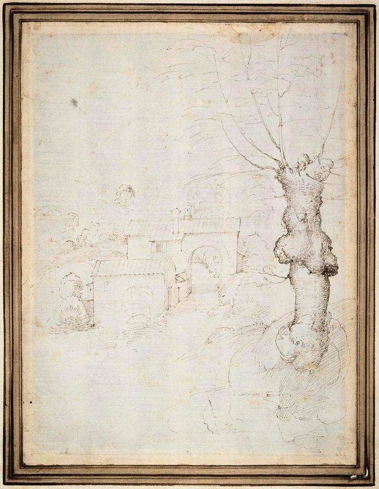 Landscape with Farm Buildings and Pollarded Mulberry Tree (recto); Studies of Farm Buildings and Water Mill (verso)