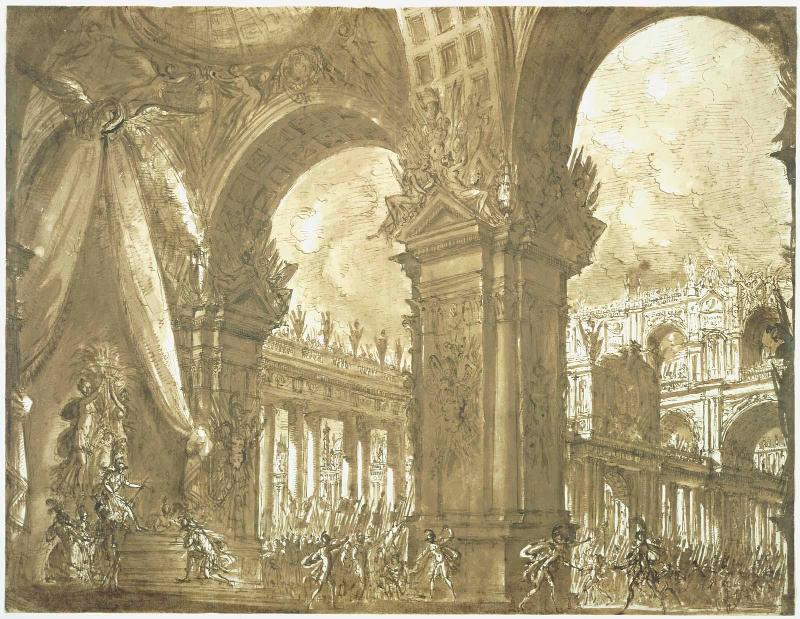 Stage Design for a Vast Palace with a Roman Ruler Enthroned at Left and Soldiers Fighting at Right