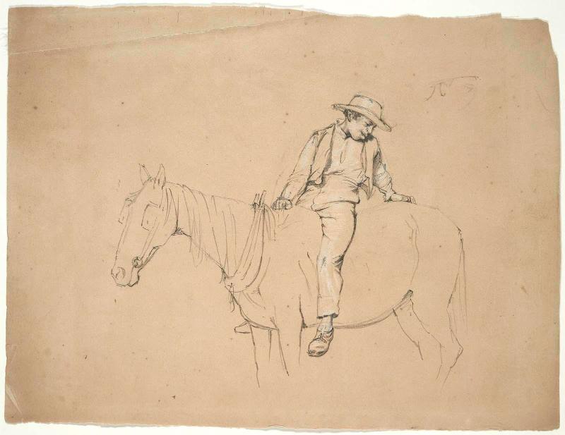 Study for "In the Cornfield": Boy on Horseback (recto); Study of a Hat (verso)