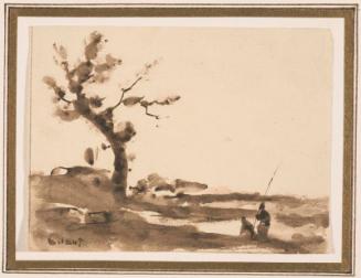 Landscape, with large tree on left, two figures at right, one holding long pole.