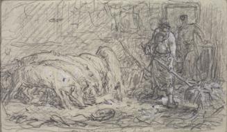 Interior of a barn with two men and swine