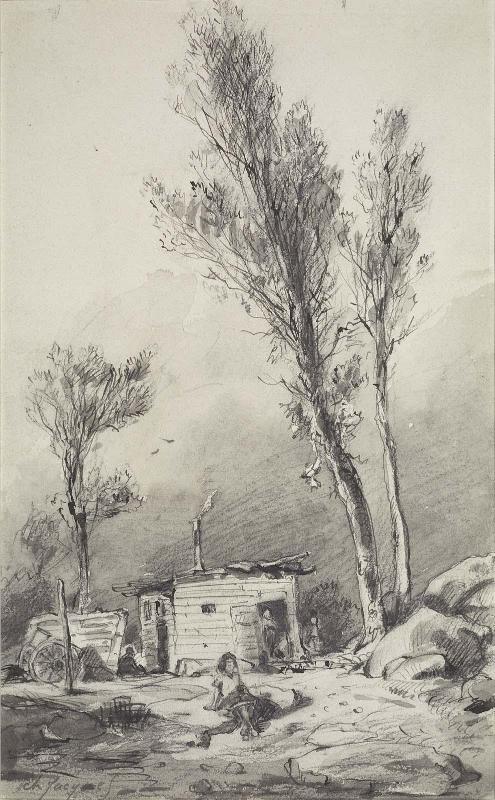 Landscape, with hut and seated figure