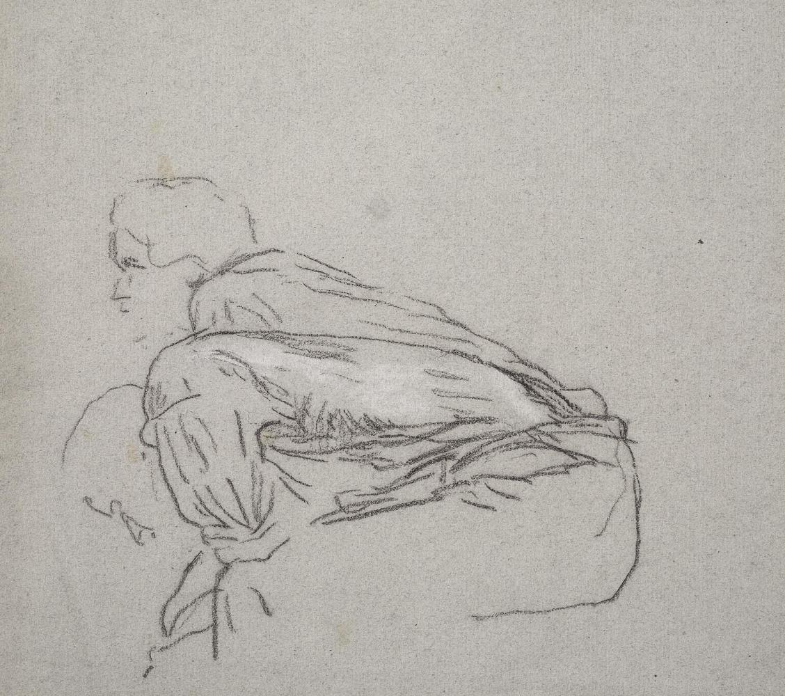 Two Men Seated on a Bale of Grain. Study for Harvesters Resting (recto); Perspective Studies of Figures around a Cart and Figures in a Farmyard (verso)