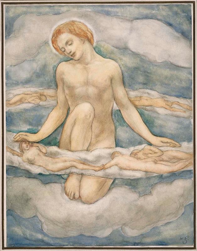 Nude Figure Kneeling Among Clouds