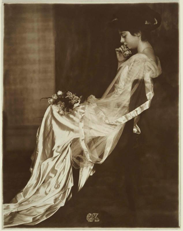 Girl in Satin Dress with Roses