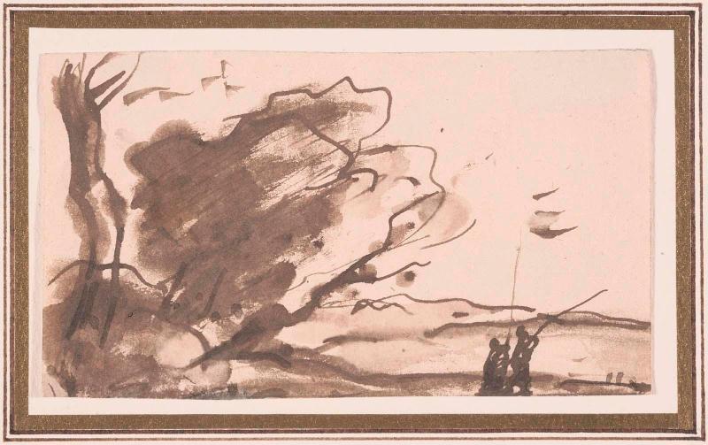 Landscape, with grove of trees at left, two men with long poles at right.