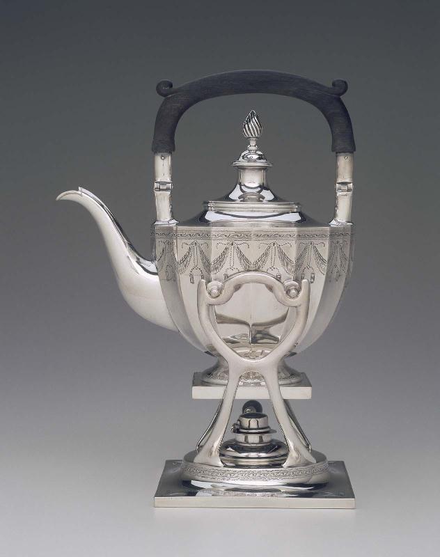 Tea kettle on stand, part of a five-piece tea and coffee service