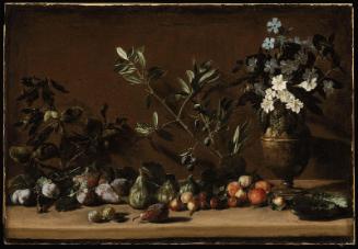 Fruit and Vase of Flowers on a Ledge