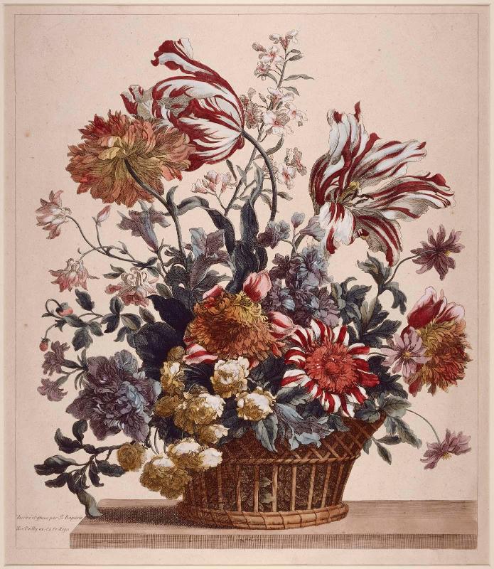 Large upright basket of two full blown tulips, anemones, Maonthly rose, etc.