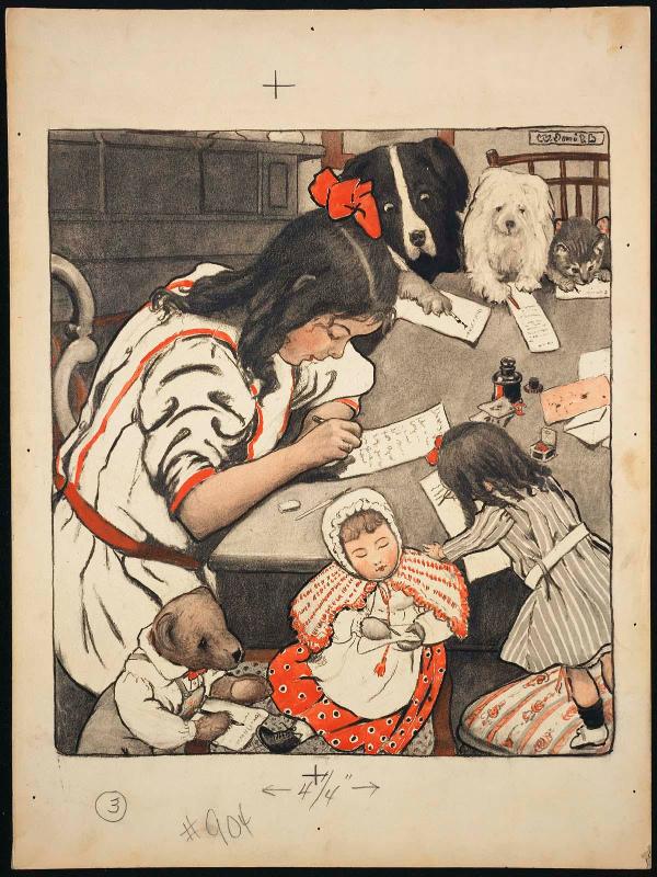Girl and Friends Writing Letters, illustration for The Christmas Letter