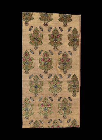 Textile fragment with strawberry plants and butterflies