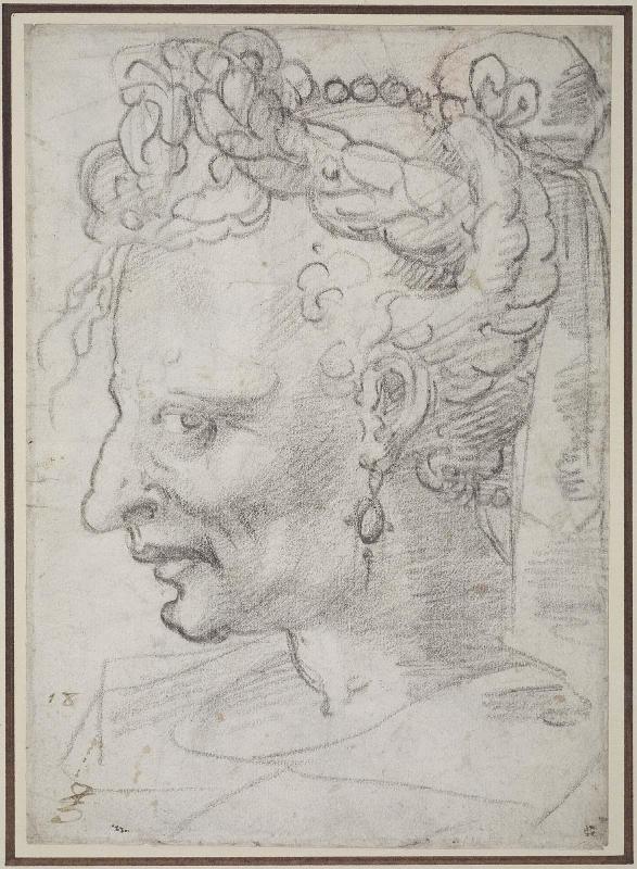 Double-sided drawing; Recto Profile Head of Old Woman with Elaborate Coiffure, Verso Anatomical Studies of Arms and Legs