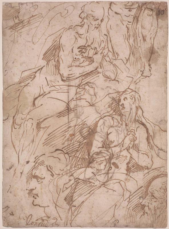 Sheet of Studies, including a Penitent St. Jerome, a Magdalene, and two Heads
Verso: Study for Christ Bound to the Column