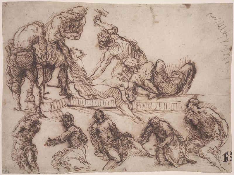 Christ Being Nailed to the Cross and Various Figure Studies: Christ at the Column; the Magdalen Washing Christ's Feet; a Bearded Saint, etc.