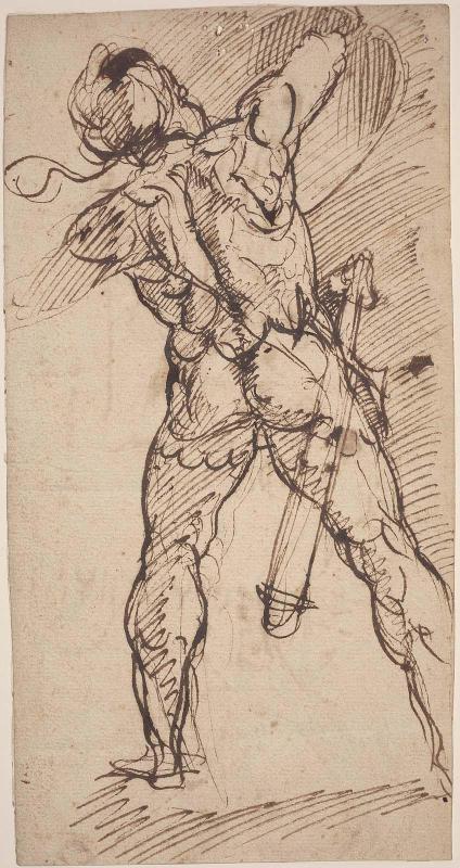 Warrior with Raised Shield, Seen from Behind (recto); 
Two Studies of the Penitent St. Jerome (verso)