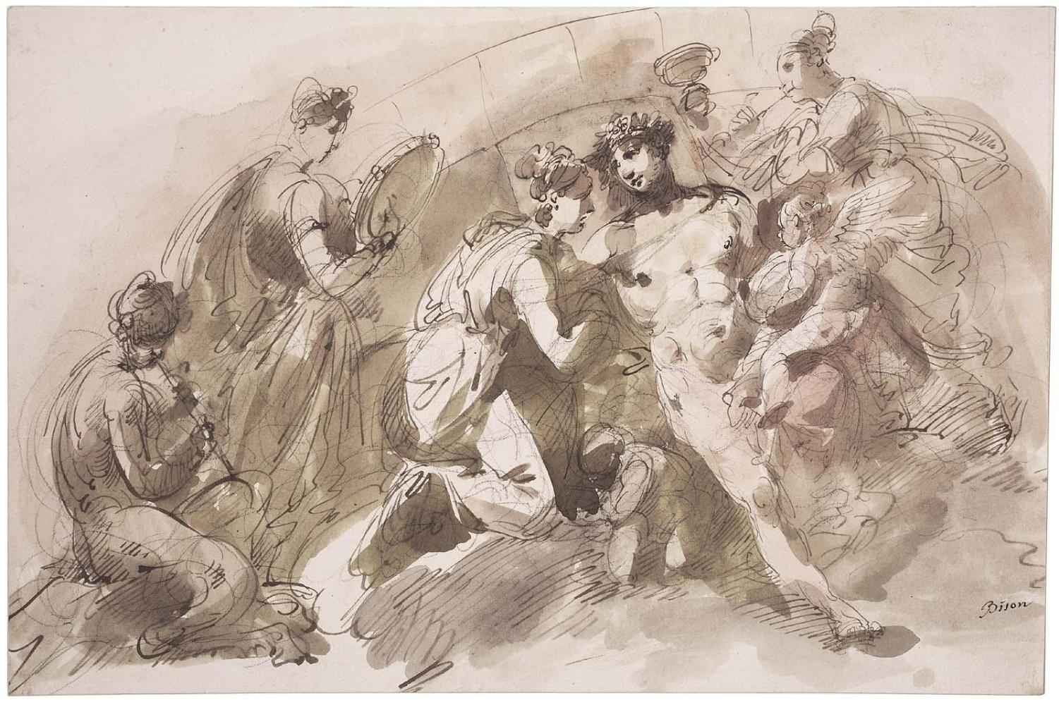 Bacchus and Ariadne Attended by Nymphs Playing Musical Instruments. Design for a Lunette.