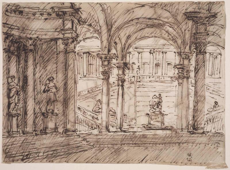 Recto: A Palace Staircase Seen through a Colonnade
Verso: Sketches of a Dome, and Five Caricature Heads