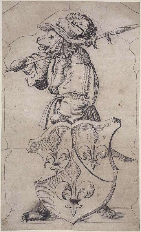 Bear holding Coat-of-Arms with Fleurs-de-lis:
