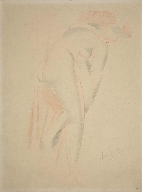 Nude figure of a woman bending right