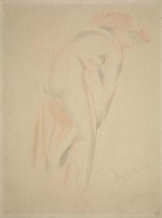 Nude figure of a woman bending right