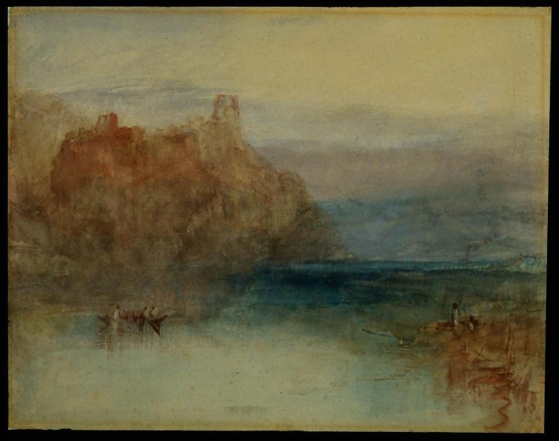 Landscape, Men in Boat on Lake, Hills Beyond