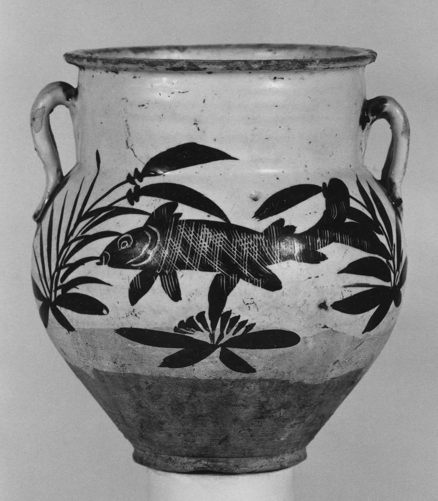 Jar with fish and water grass