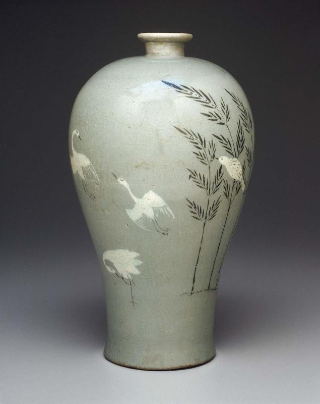 Prunus vase with inlaid bamboo and cranes