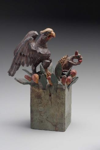 Small Eagle Mounted on Block Overlooking Squirrel