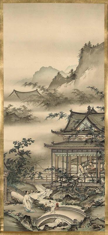 A pavilion with figures in a landscape