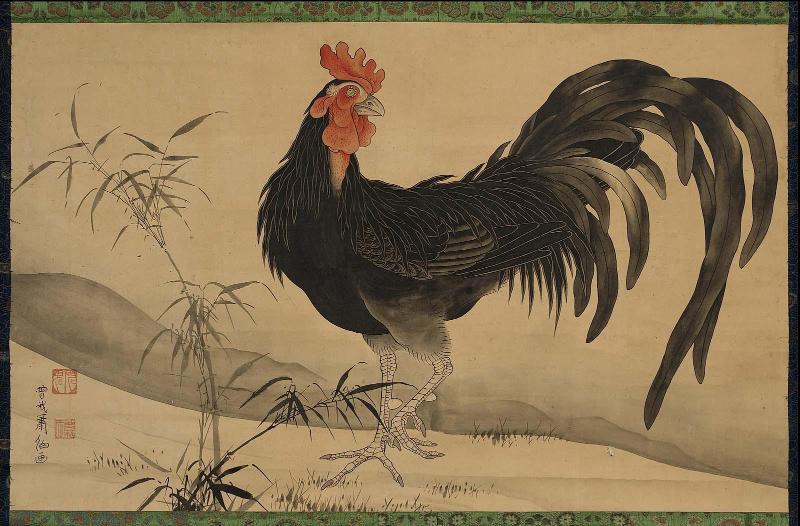 Black Rooster and Bamboo