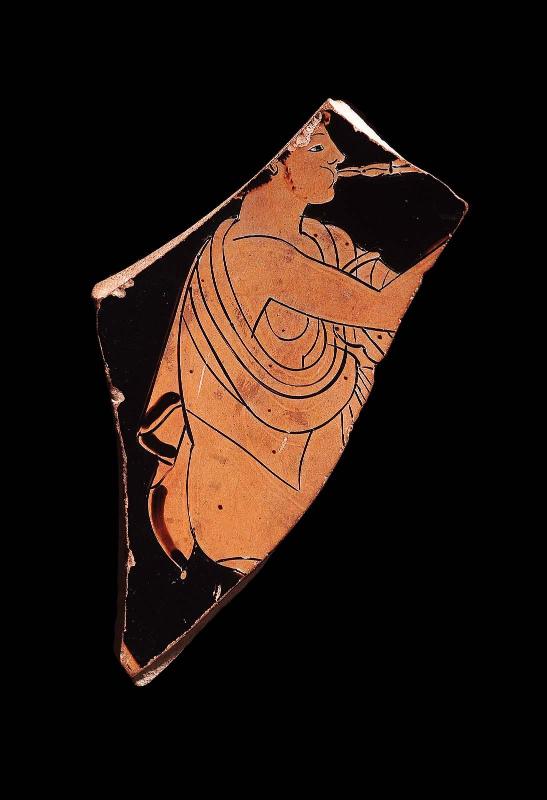 Drinking cup (kylix) with youth playing a double flute