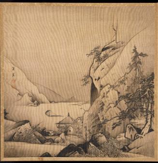 View: Leaf with lakeside house and boat