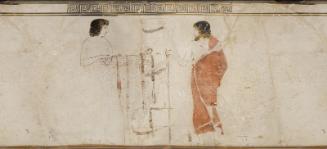 Oil flask (lekythos) with a man and a woman holding a funerary basket at a grave