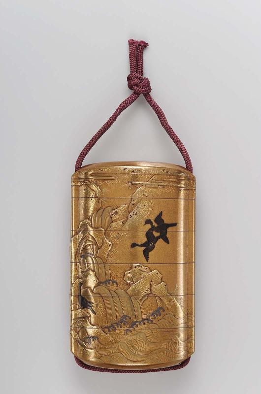 Five-case inro with design of waterfalls and geese