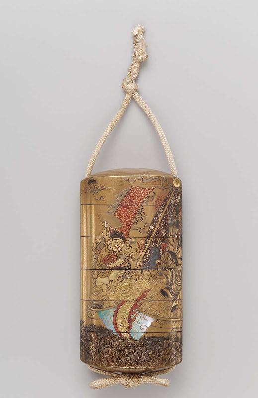 Five-case inro with design of the Seven Gods of Good Fortune in a boat