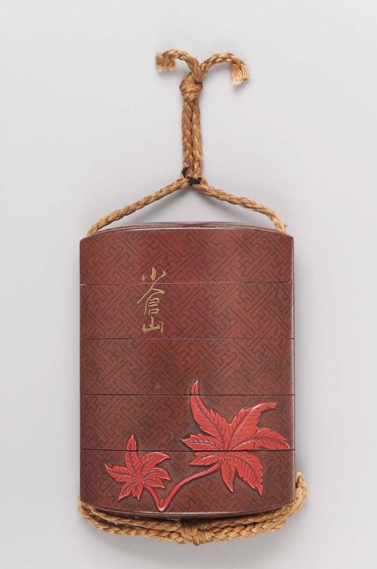 Four-case inro with maple-leaf design and characters