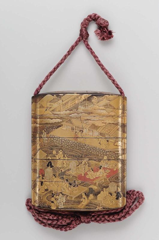 Four-case inro with design of scenes on the Kamo river