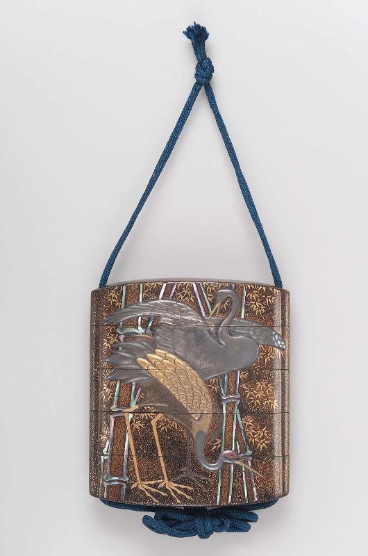 Four-case inro with crane and bamboo design