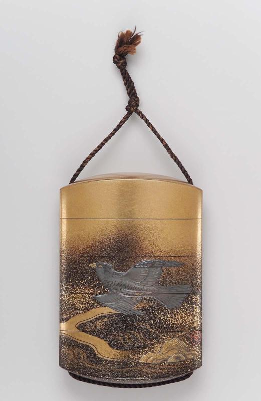 Four-case inro with design of hawk and crane