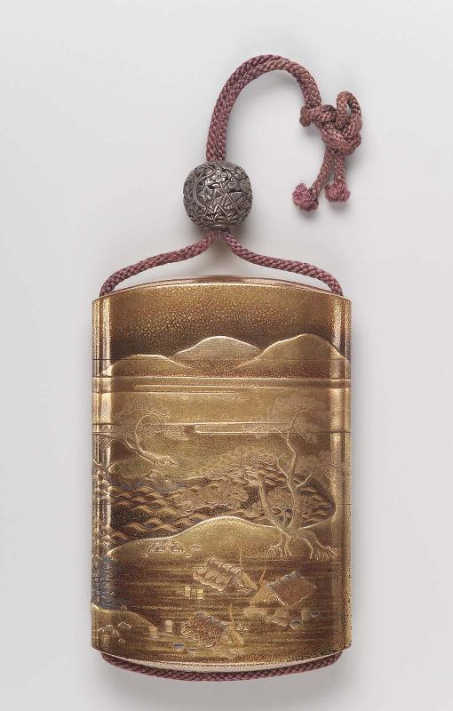 Four-case inro with design of sailing boats and salt kilns (Suma)