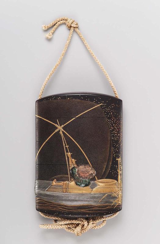 Four-case inro with design of an egret and a fisherman setting a net