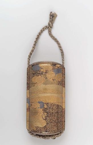 Six-case inro with design of chrysanthemums by a brushwood fence