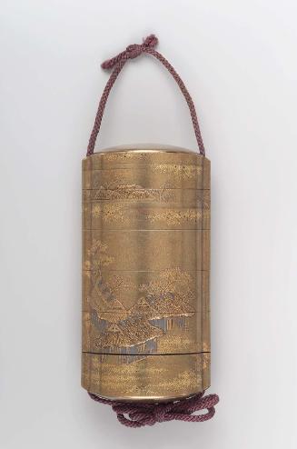 Five-case inro with design of landscape and rustic dwellings